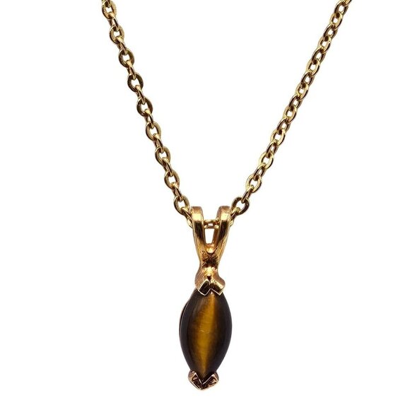 Gold Tone Vintage Brown Tiger Eye Pendant Necklace - Picture 1 of 5
